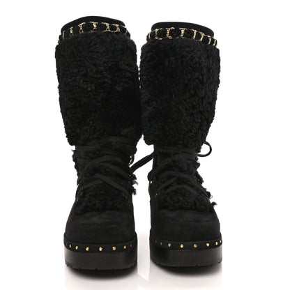 Chanel Suede Shearling Chain Studded CC High Boot 38 Black 2 of 9