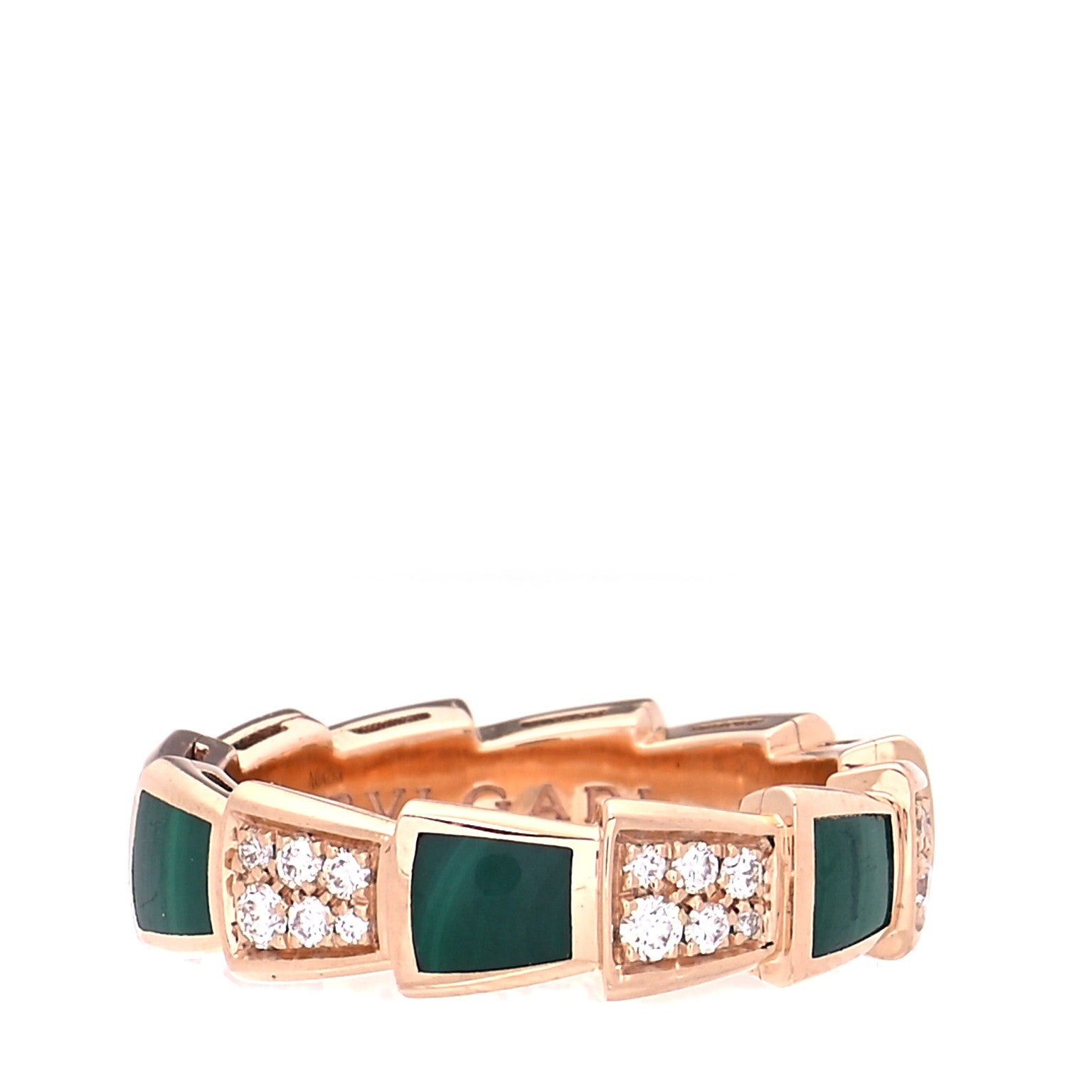 Bulgari 18K Rose Gold Diamond Malachite 6mm Serpenti Viper Band Ring 54 6.75 1 of 8
