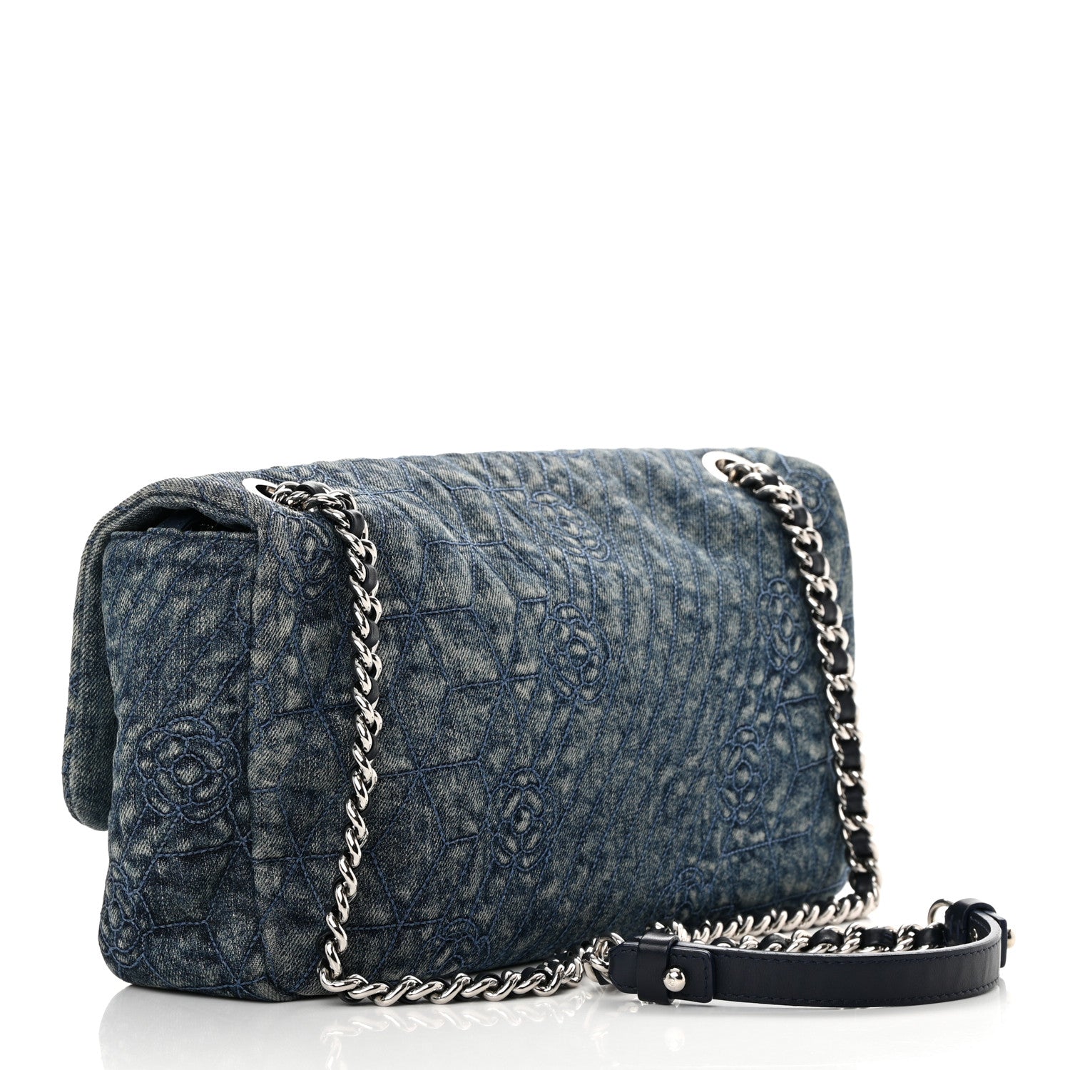Chanel Denim Quilted Camellia Embroidered Large Flap Blue 3 of 13