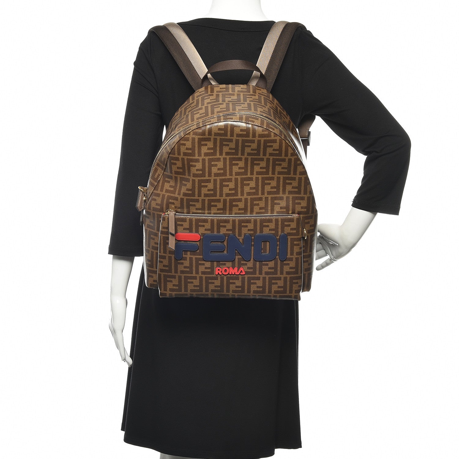 Fendi X FILA Glazed Fabric Vitello Century FF 1974 Mania Pouch Pocket Backpack Mogano Panna Blueberry 2 of 10