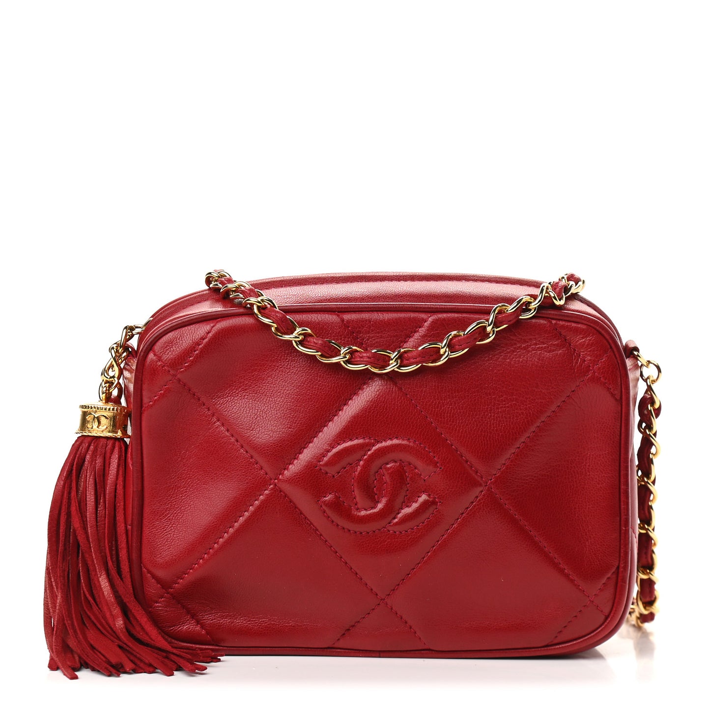 Lambskin Quilted Tassel Camera Case Red