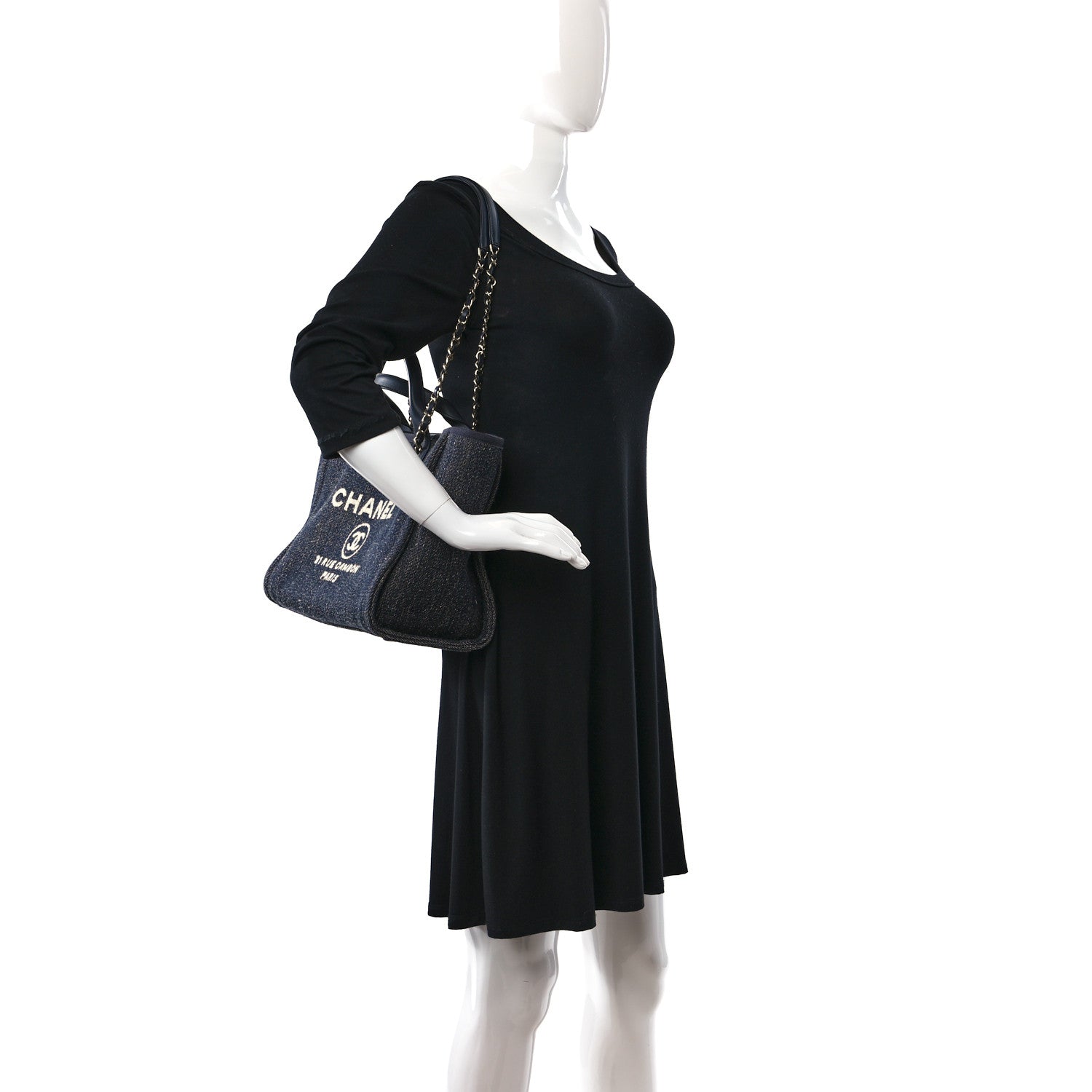 Chanel Denim Small Deauville Tote Dark Blue White 2 of 13