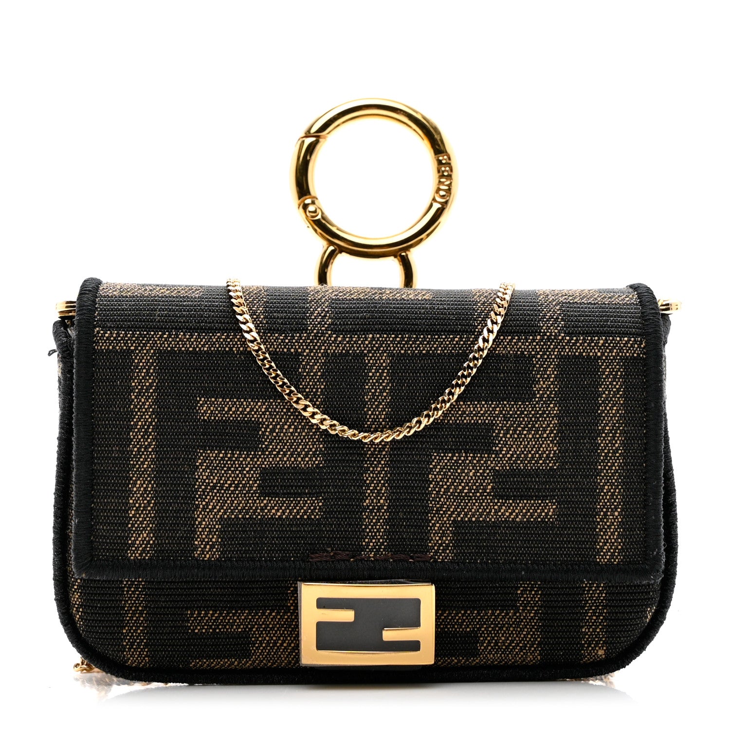 Fendi Fabric Jacquard FF 1974 Nano Baguette Charm Tobacco Moro Black 1 of 7
