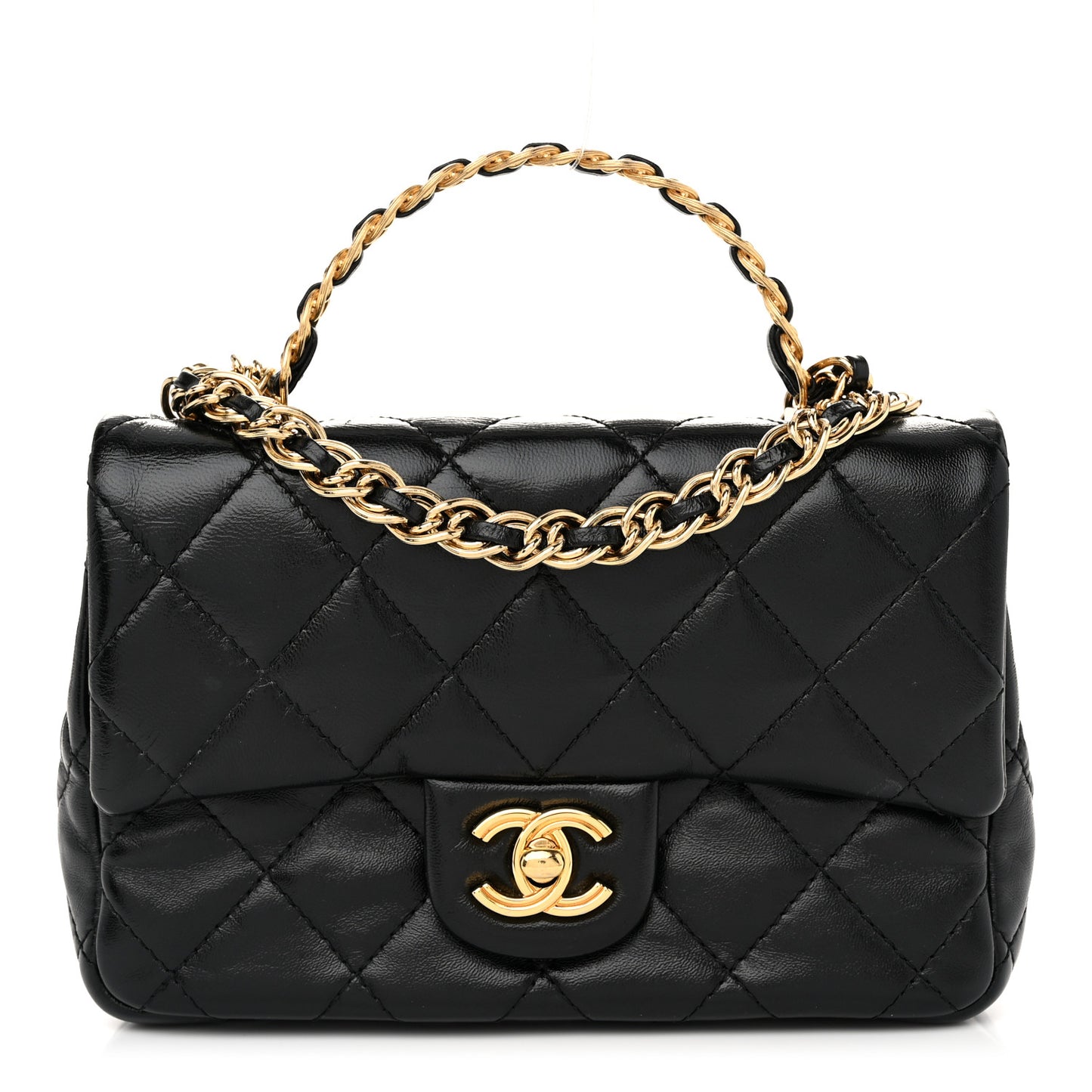 Shiny Lambskin Quilted Golden Links Top Handle Flap Black