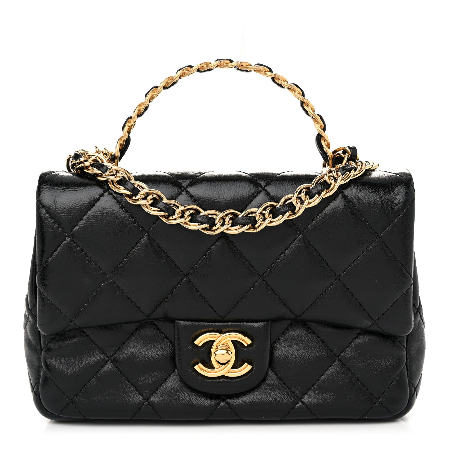 Chanel Shiny Lambskin Quilted Golden Links Top Handle Flap Black 1 of 11