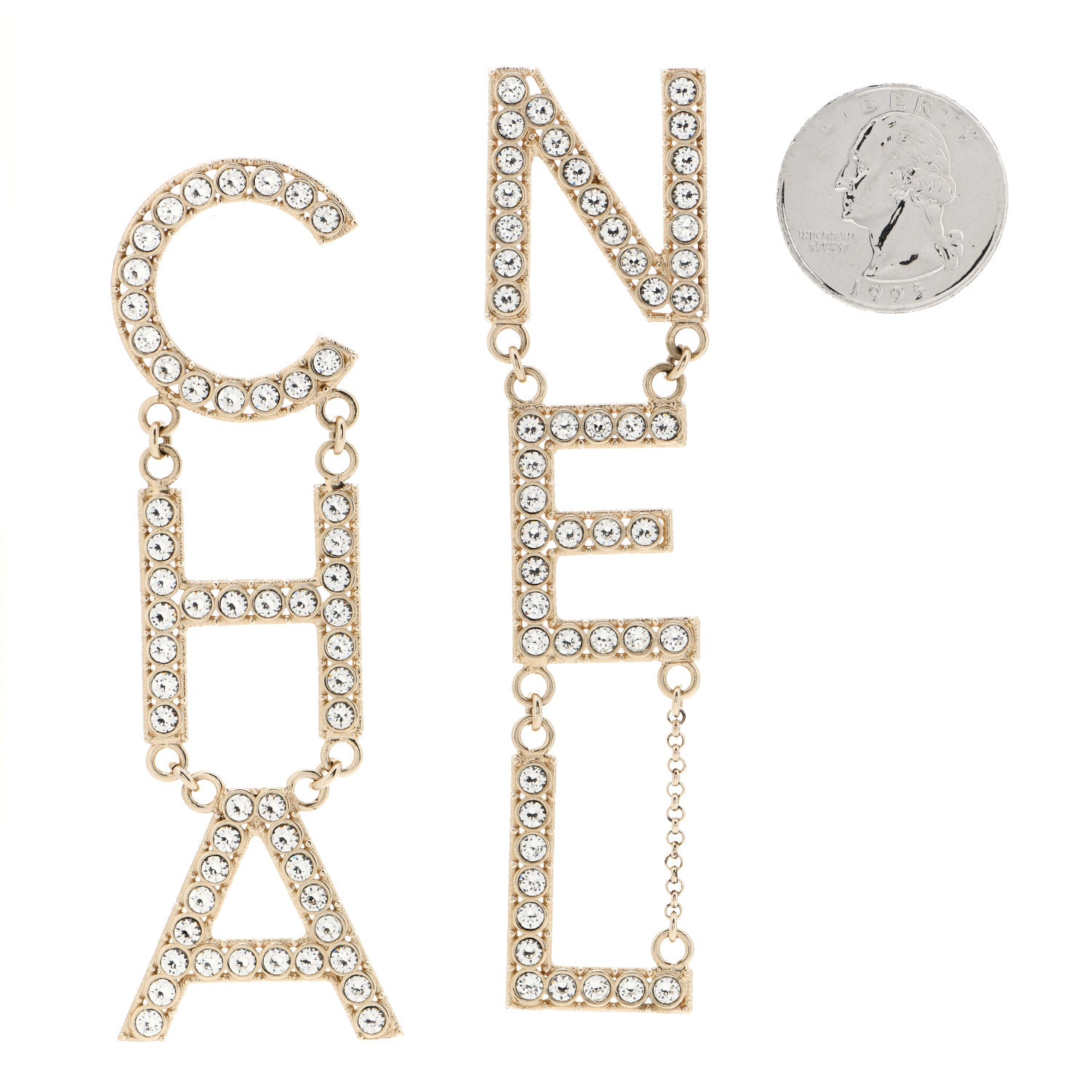 Chanel Crystal Cha-Nel Logo Drop Earrings Gold 2 of 4