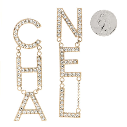 Chanel Crystal Cha-Nel Logo Drop Earrings Gold 2 of 4