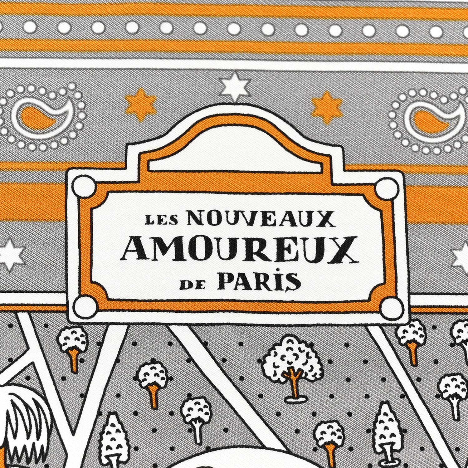 Hermes Silk Les Nouveaux Amoureux de Paris Bandana Scarf 55 Gris White Caramel 5 of 5