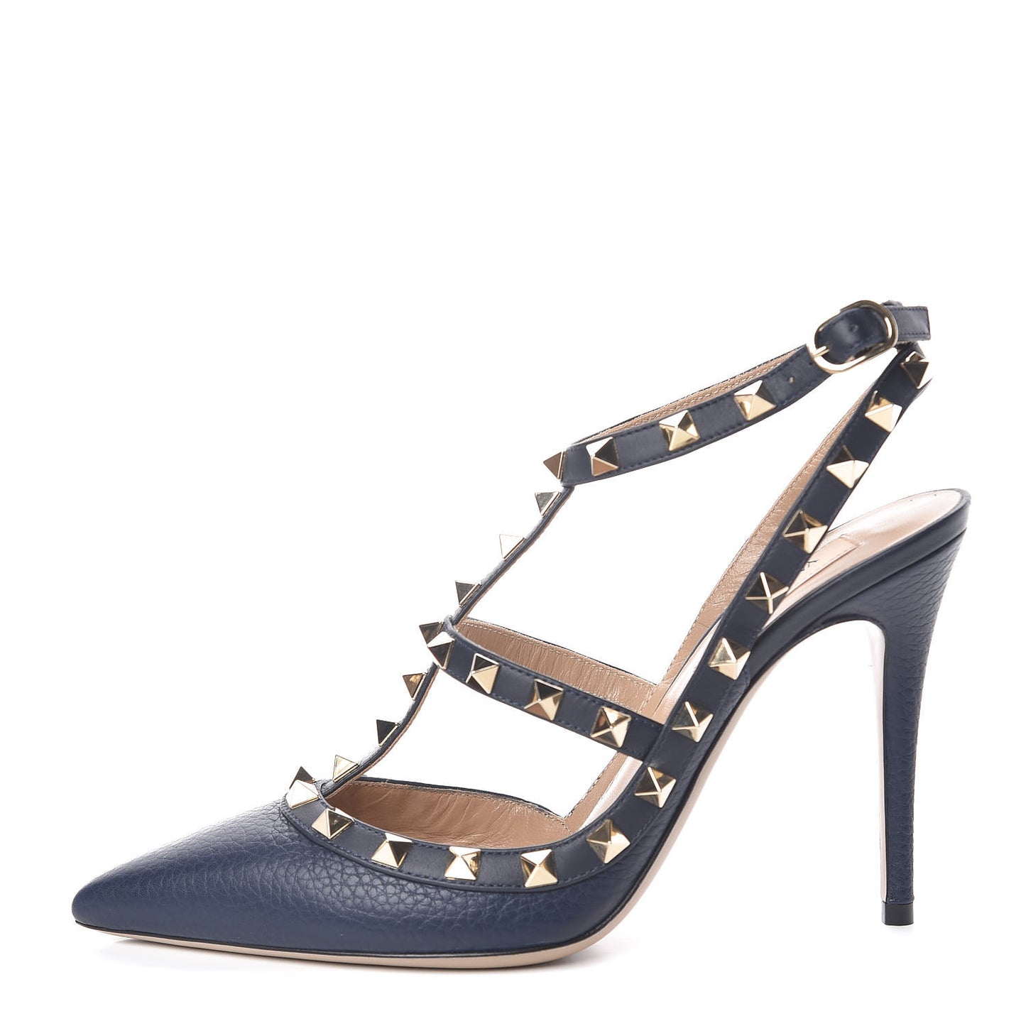 Pebbled Calfskin Rockstud Ankle Strap Pumps 37.5 Marine