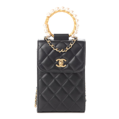 Chanel Lambskin Quilted Pearl Crown Phone Holder Black 1 of 10
