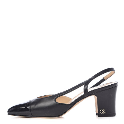 Chanel Lambskin Patent Cap Toe CC Slingback Sandals 36 Black 1 of 15