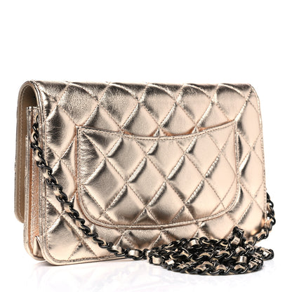 Chanel Metallic Lambskin Quilted Wallet On Chain WOC Gold Black 2 of 5