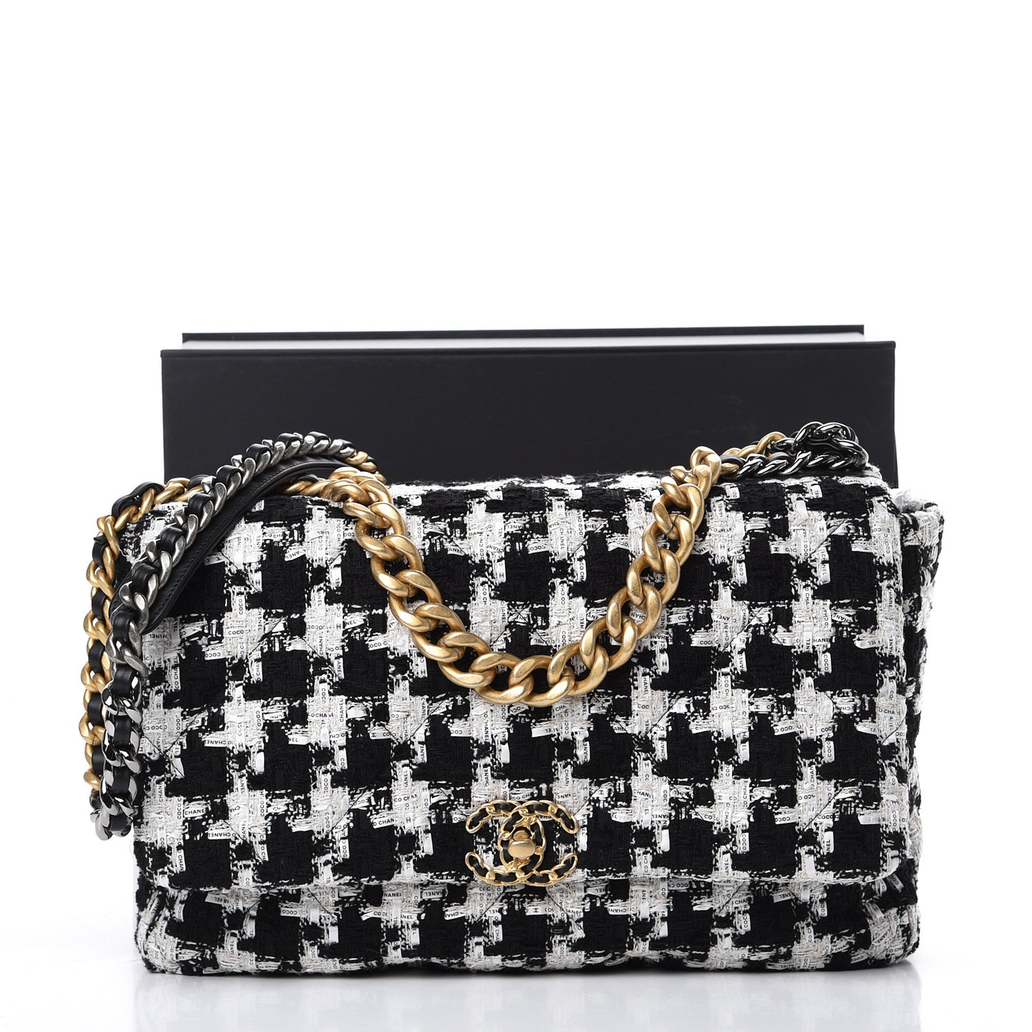 Tweed Quilted Maxi 19 Flap Black Ecru White