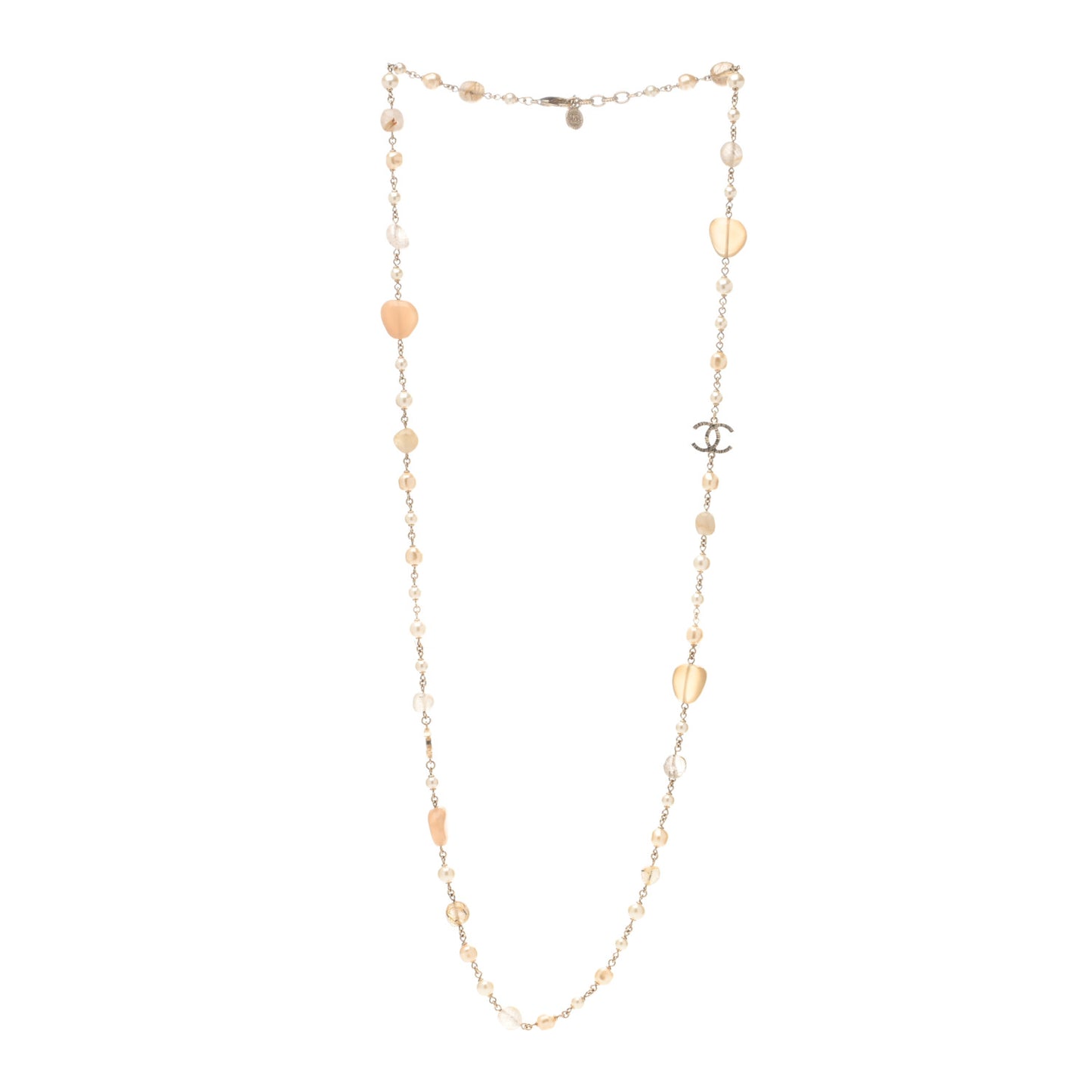 Pearl Crystal Bead Chain CC Long Necklace Gold