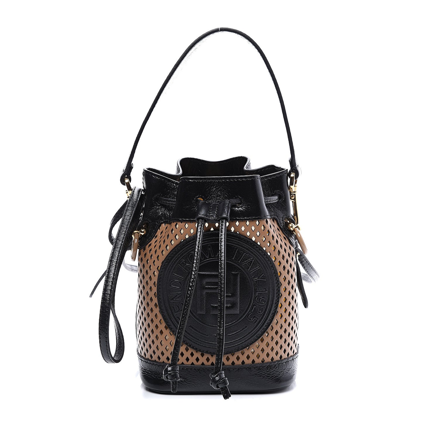 Vitello Liberty Glossy Lambskin F is Fendi Perforated Mini Mon Tresor Bucket Bag Sand Mimosa Black