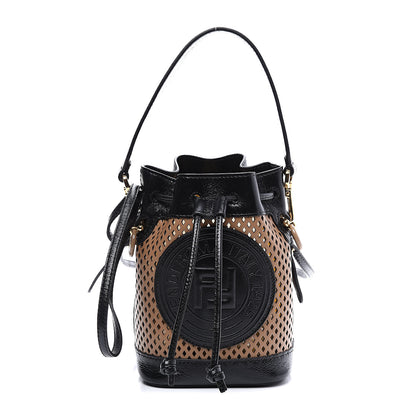 Fendi Vitello Liberty Glossy Lambskin F is Fendi Perforated Mini Mon Tresor Bucket Bag Sand Mimosa Black 1 of 10