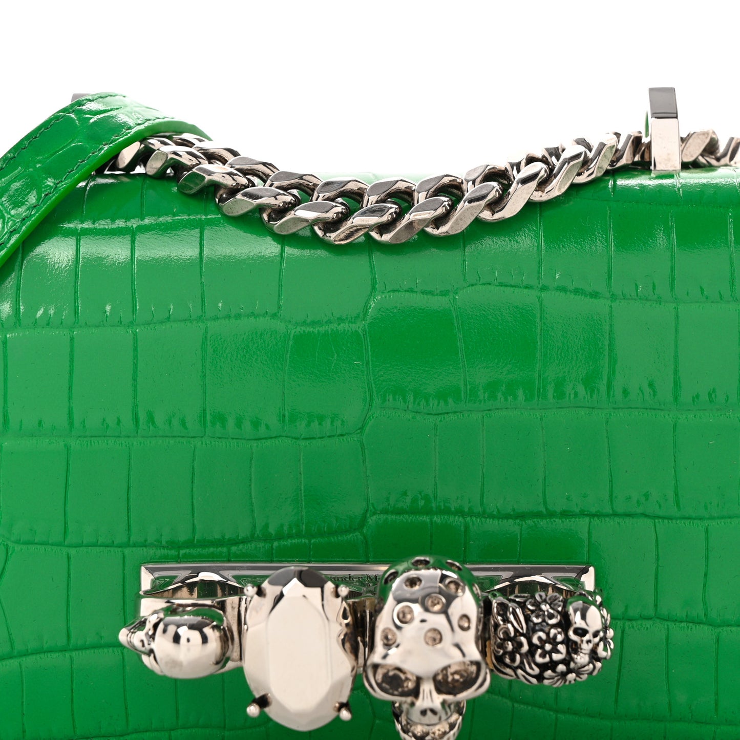 Calfskin Crocodile Embossed Knuckle Shoulder Bag Green