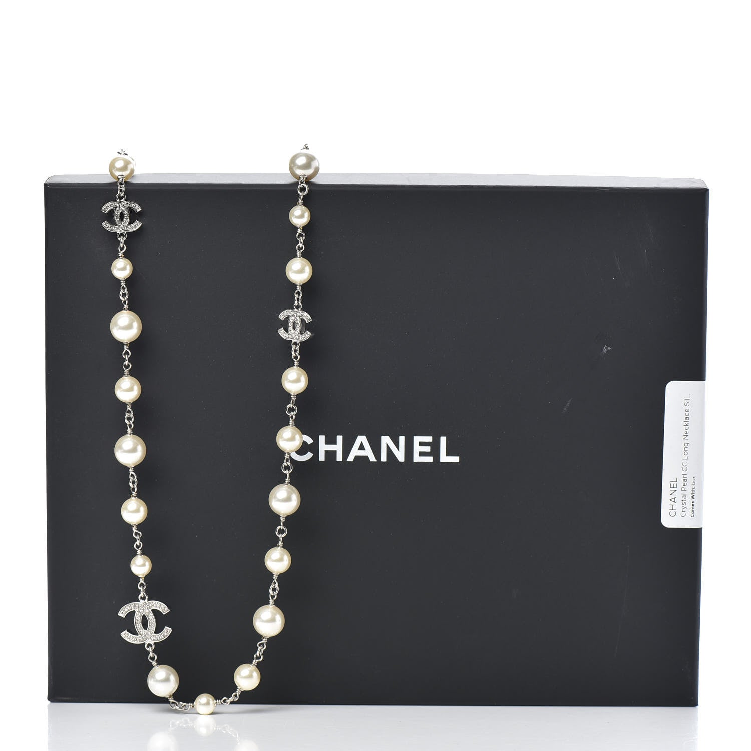 Chanel Crystal Pearl CC Long Necklace Silver 5 of 5