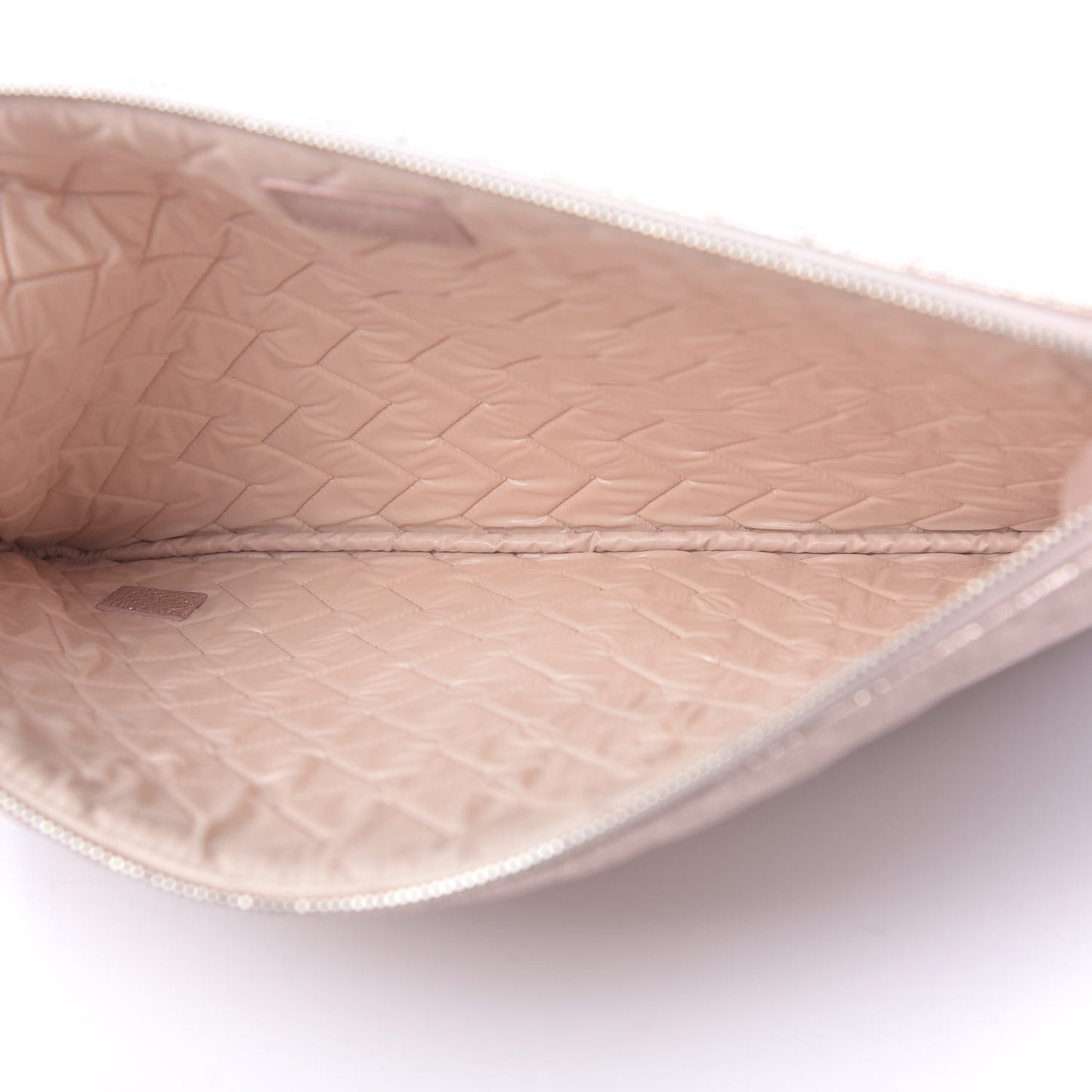 Metallic Crackled Goatskin Studded Chevron Quilted CC Large Zip Clutch Pink