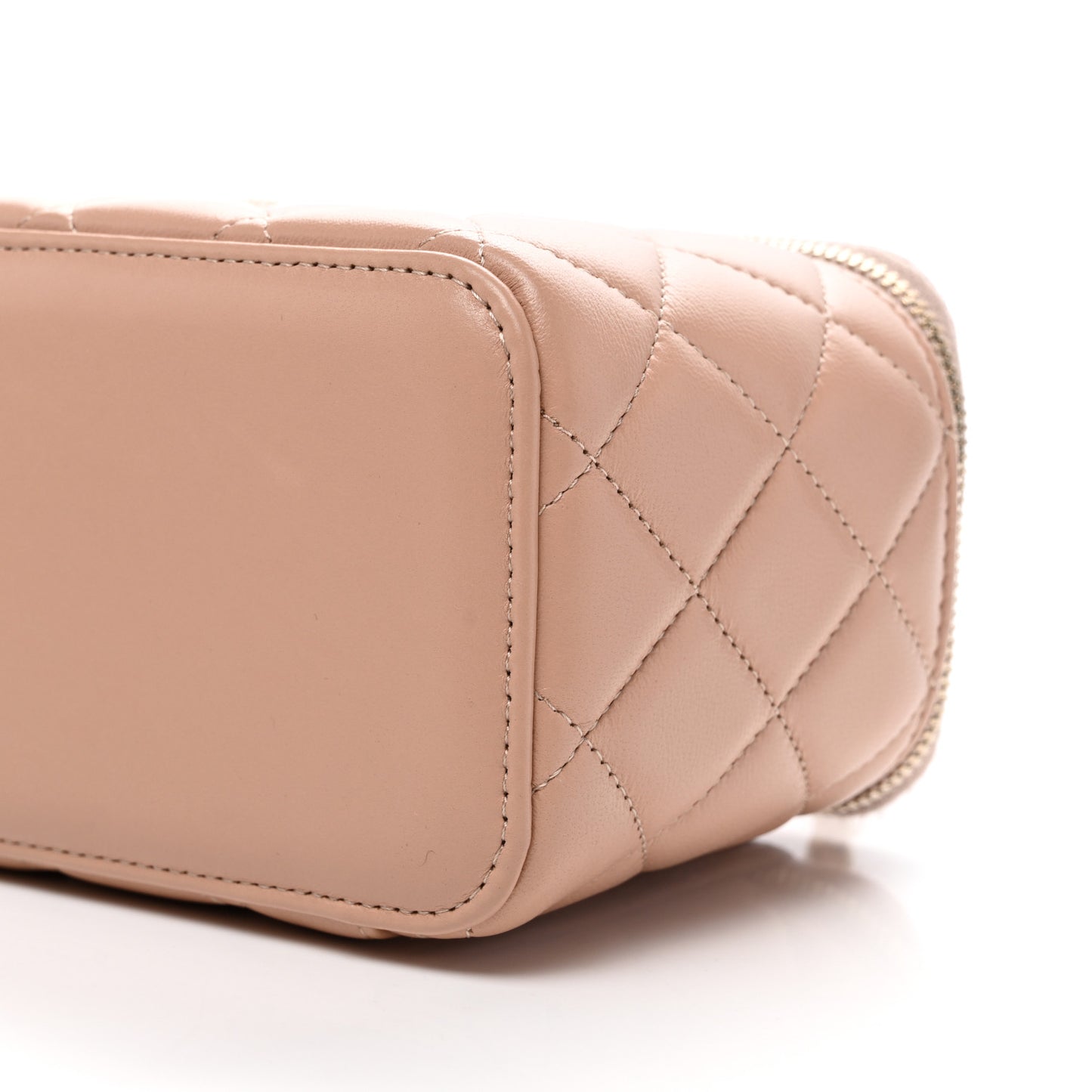 Lambskin Quilted Small Top Handle Vanity Case With Chain Beige