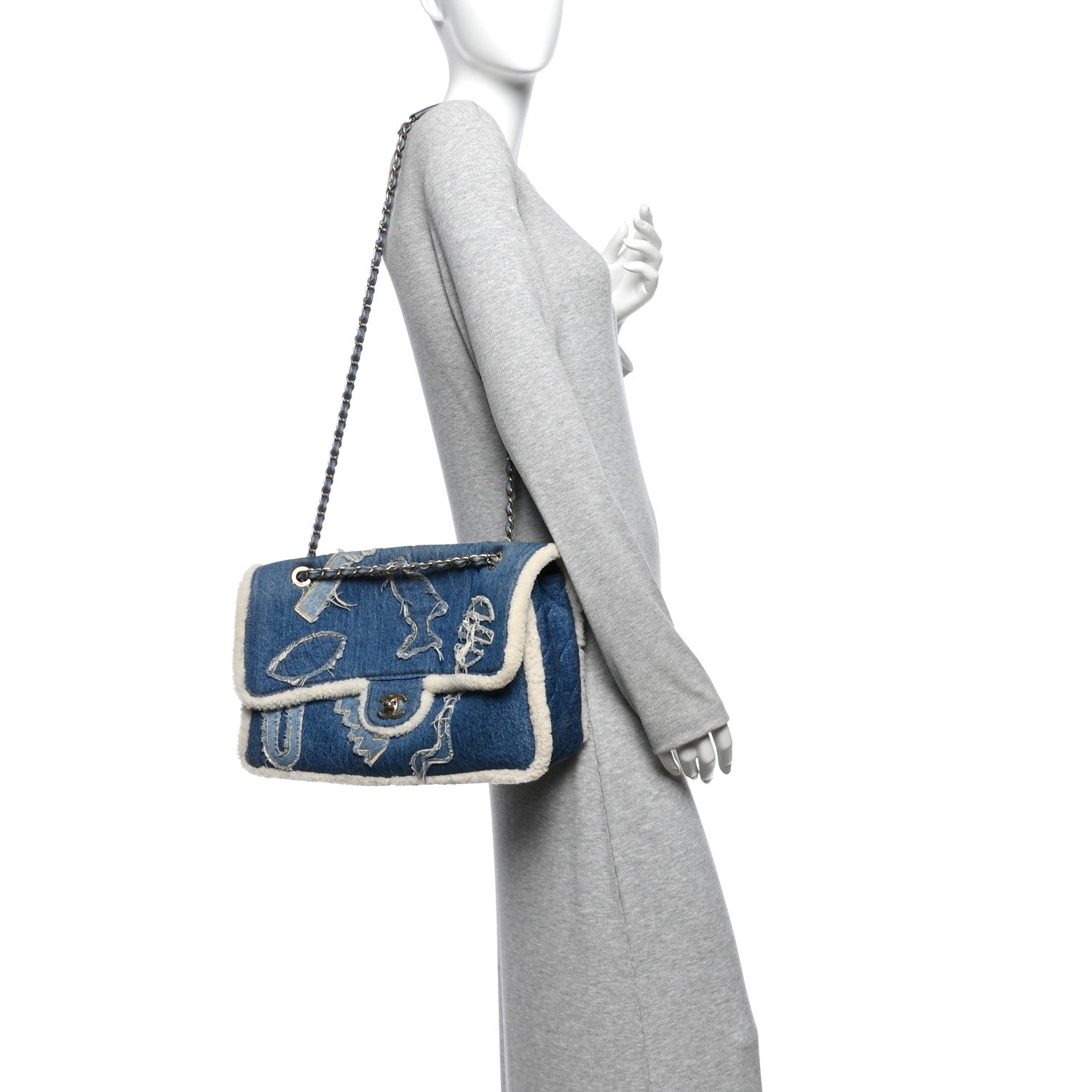 Chanel Denim Shearling Hieroglyph Flap Blue 2 of 13