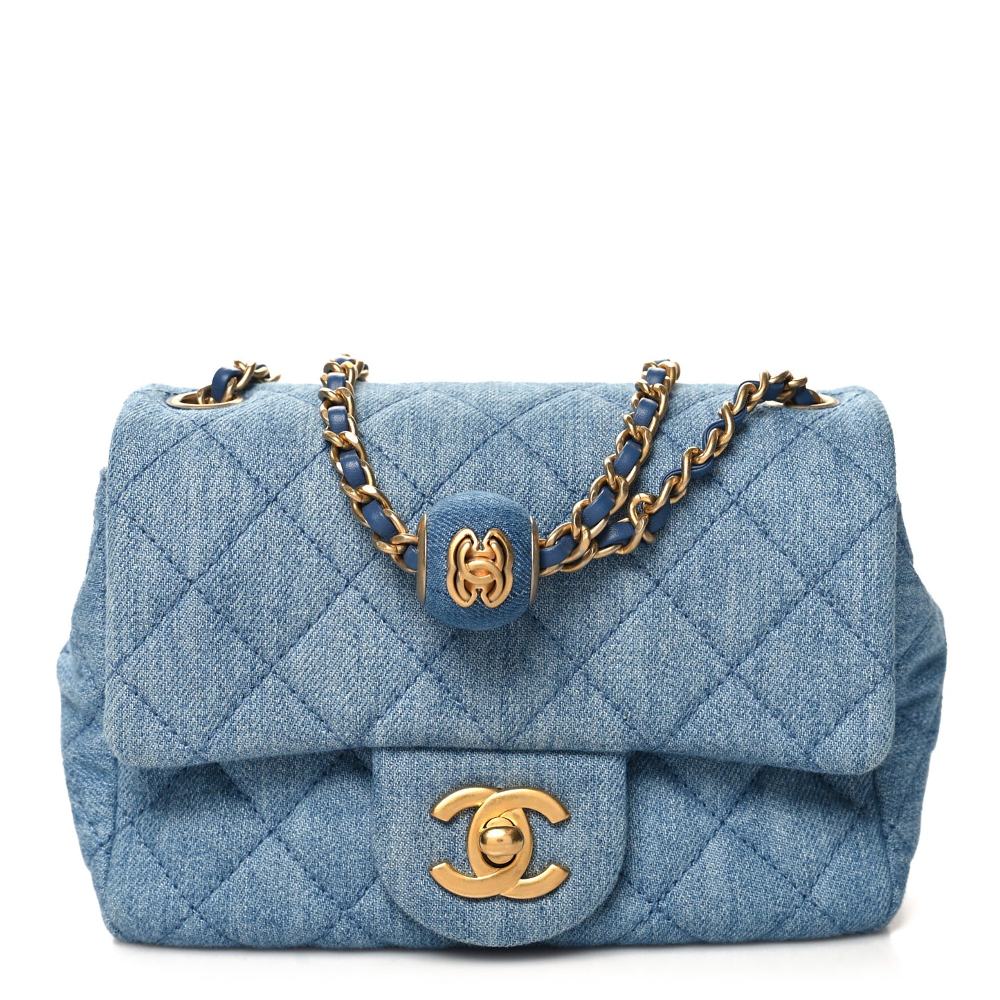 Denim Quilted Mini Pearl Crush Flap Blue