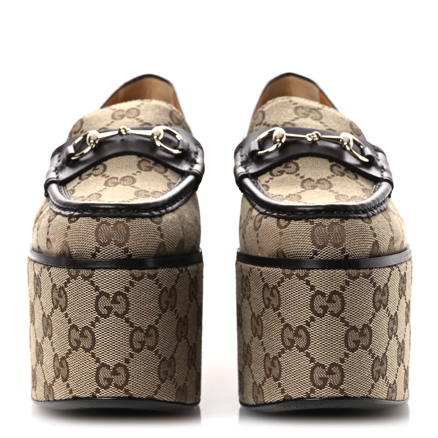 Gucci Canvas GG Monogram Horsebit Calfskin Womens Horsebit Platform Loafers 38.5 Beige Ebony 3 of 13