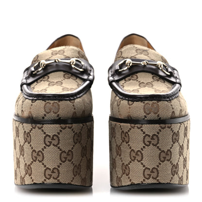 Gucci Canvas GG Monogram Horsebit Calfskin Womens Horsebit Platform Loafers 38.5 Beige Ebony 3 of 13
