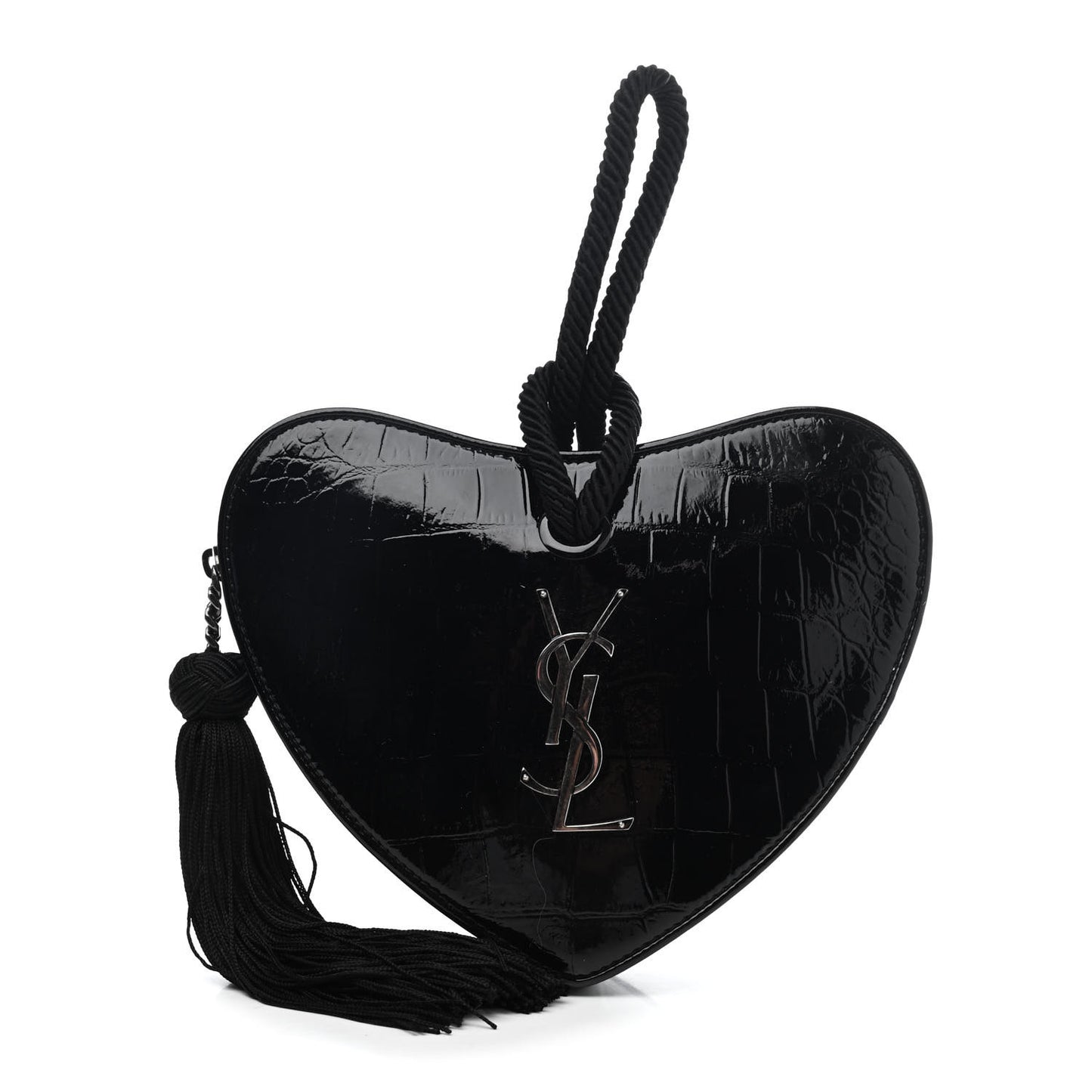 Patent Crocodile Embossed Sac Coeur Heart Shaped Clutch Black
