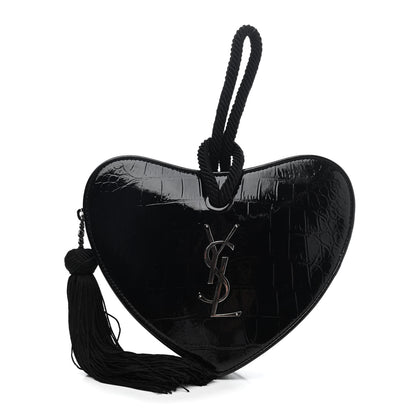 Saint Laurent Patent Crocodile Embossed Sac Coeur Heart Shaped Clutch Black 1 of 4