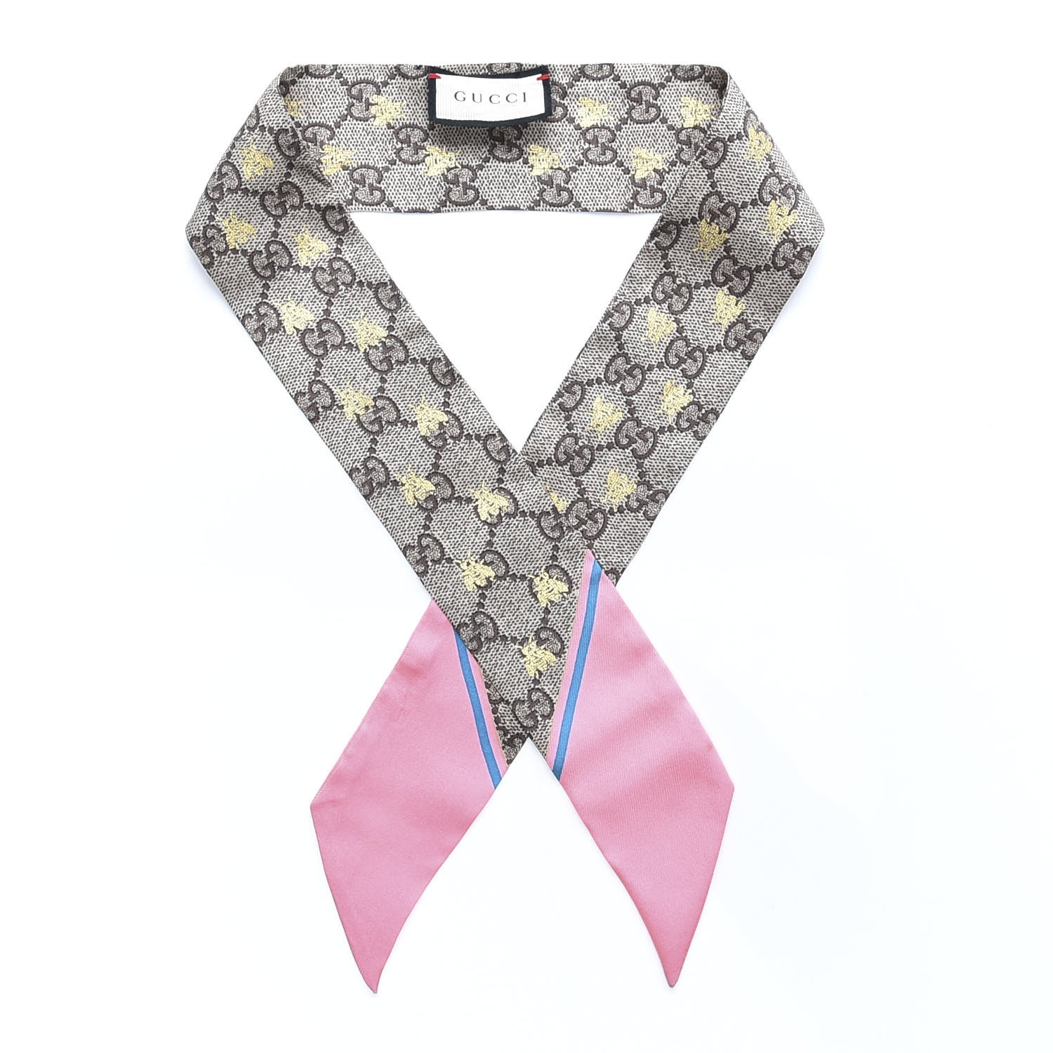 Gucci Silk Twill GG Monogram GG Bee Neck Bow Scarf Roseate Sky Blue 1 of 5