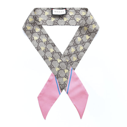 Gucci Silk Twill GG Monogram GG Bee Neck Bow Scarf Roseate Sky Blue 1 of 5