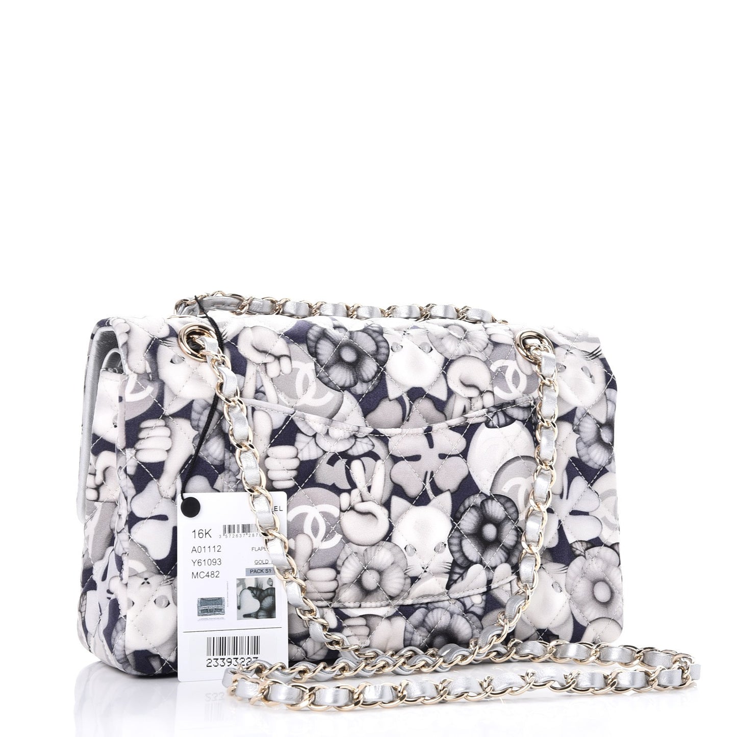 Nylon Quilted Medium Cat Emoticon Double Flap Navy Grey Ecru