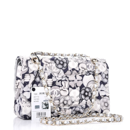 Chanel Nylon Quilted Medium Cat Emoticon Double Flap Navy Grey Ecru 4 of 9