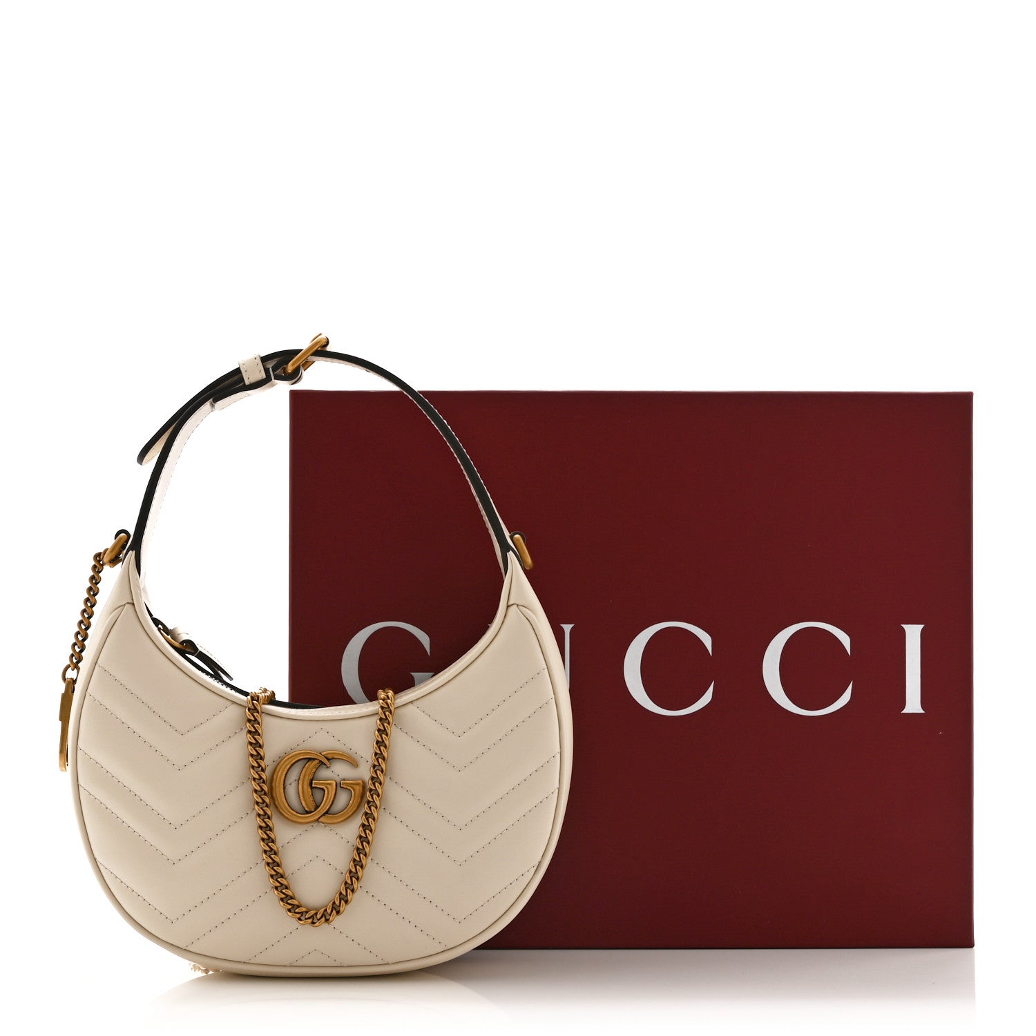 Gucci Calfskin Matelasse Chevron Mini GG Marmont Half Moon Hobo Mystic White 11 of 11