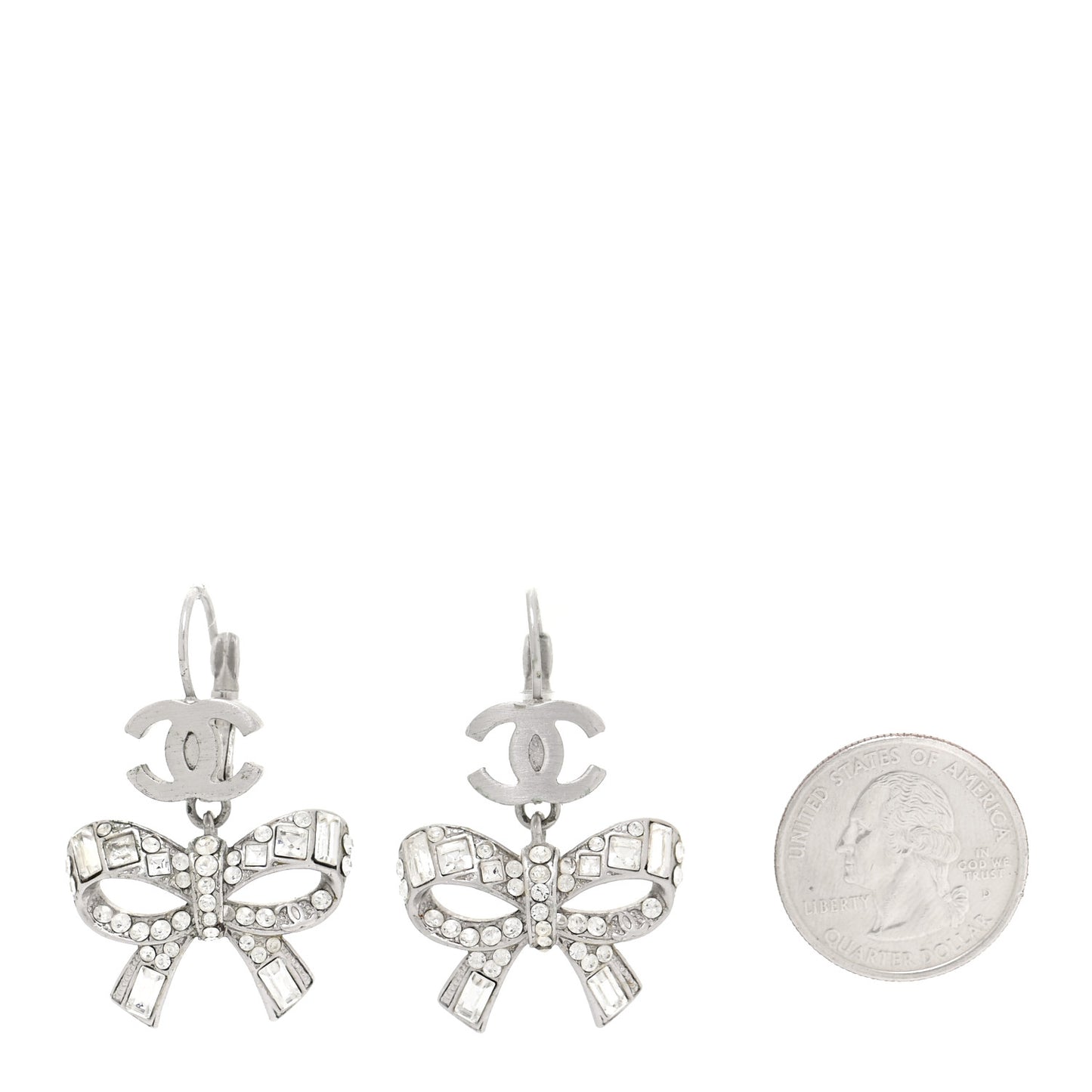 Crystal CC Bow Dangle Earrings Silver