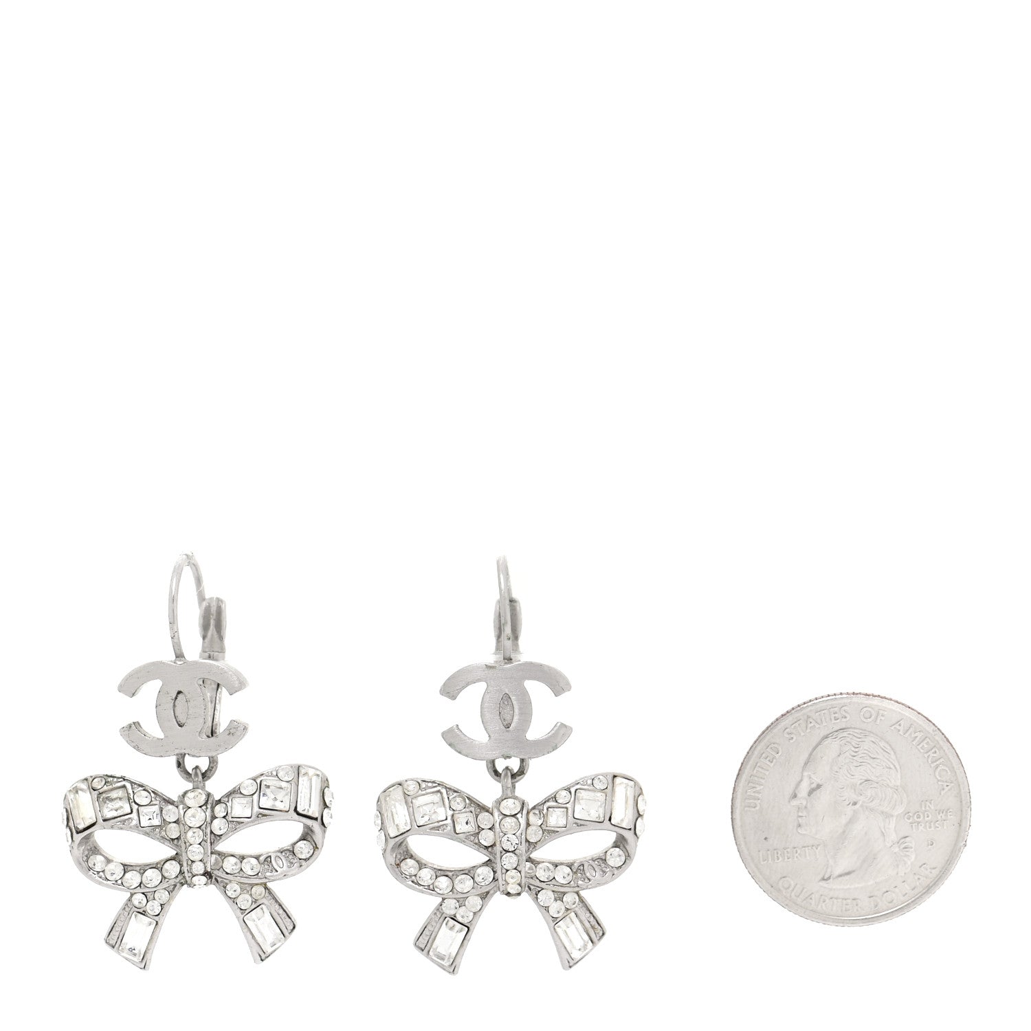 Chanel Crystal CC Bow Dangle Earrings Silver 2 of 4