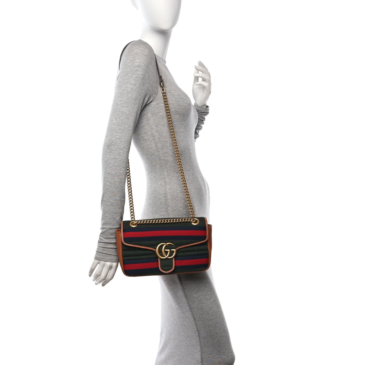 Gucci Loden Fabric Cuoio Harness Web Matelasse Horizontal Small GG Marmont Shoulder Bag Underwood Blue Red Harness Brown 2 of 11