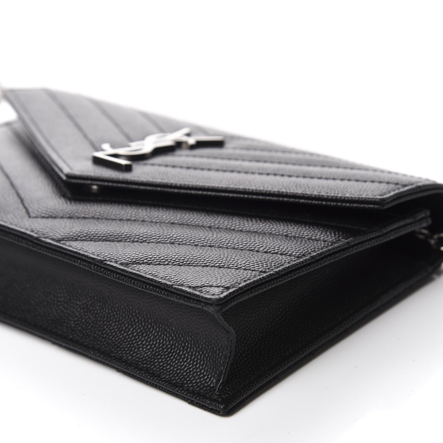 Saint Laurent Grain De Poudre Matelasse Chevron Monogram Envelope Chain Wallet Black 7 of 11