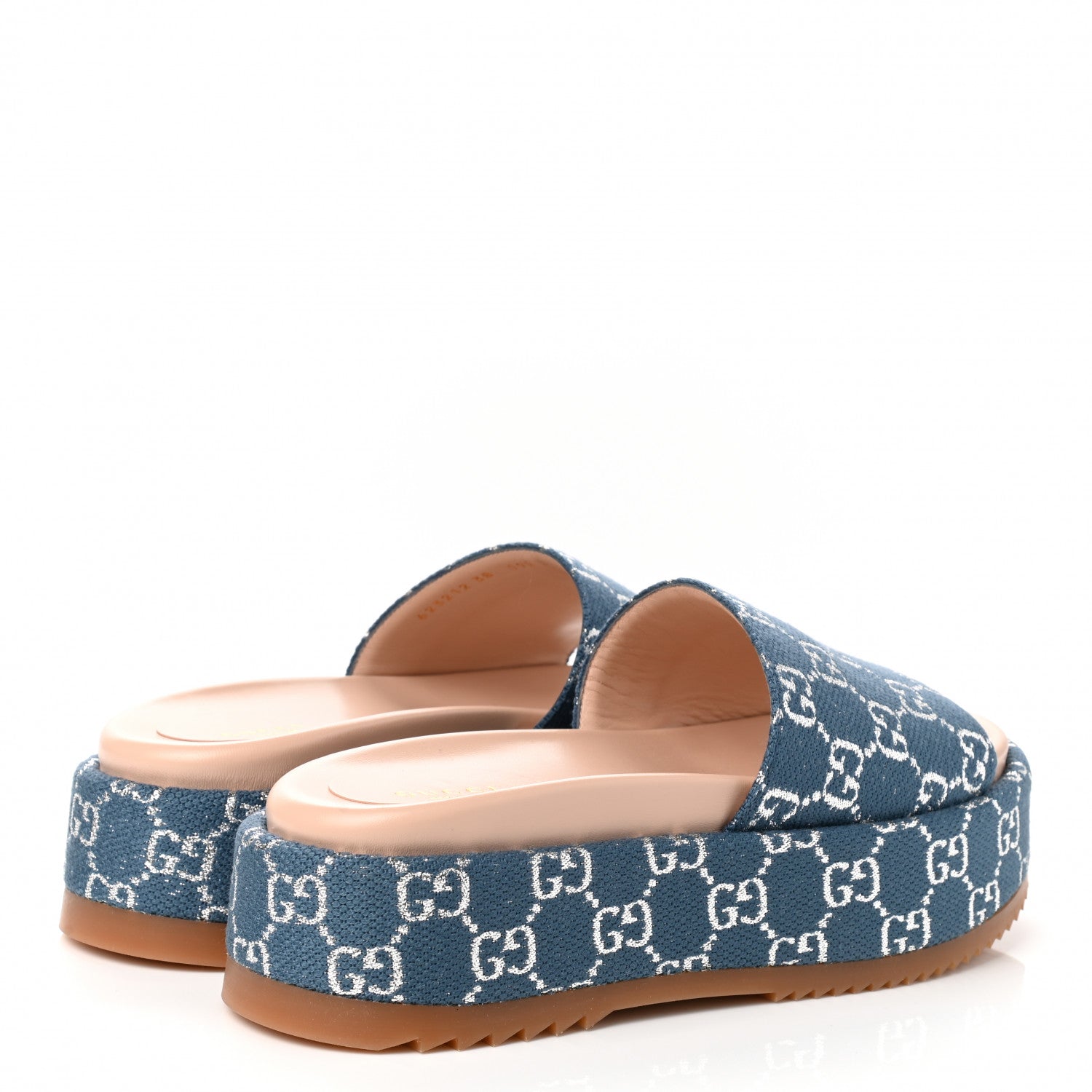 Gucci Canvas Lame GG Monogram Angelina Platform 55mm Slide Sandals 38 Blue Silver 4 of 9