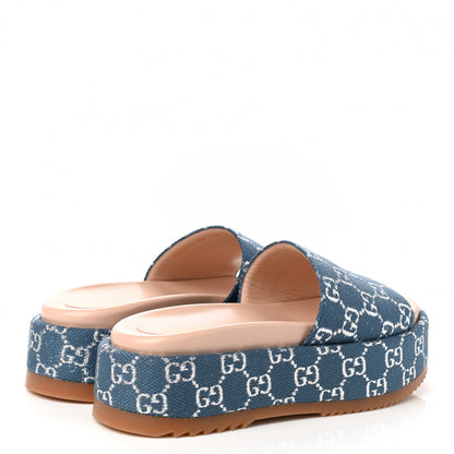 Gucci Canvas Lame GG Monogram Angelina Platform 55mm Slide Sandals 38 Blue Silver 4 of 9