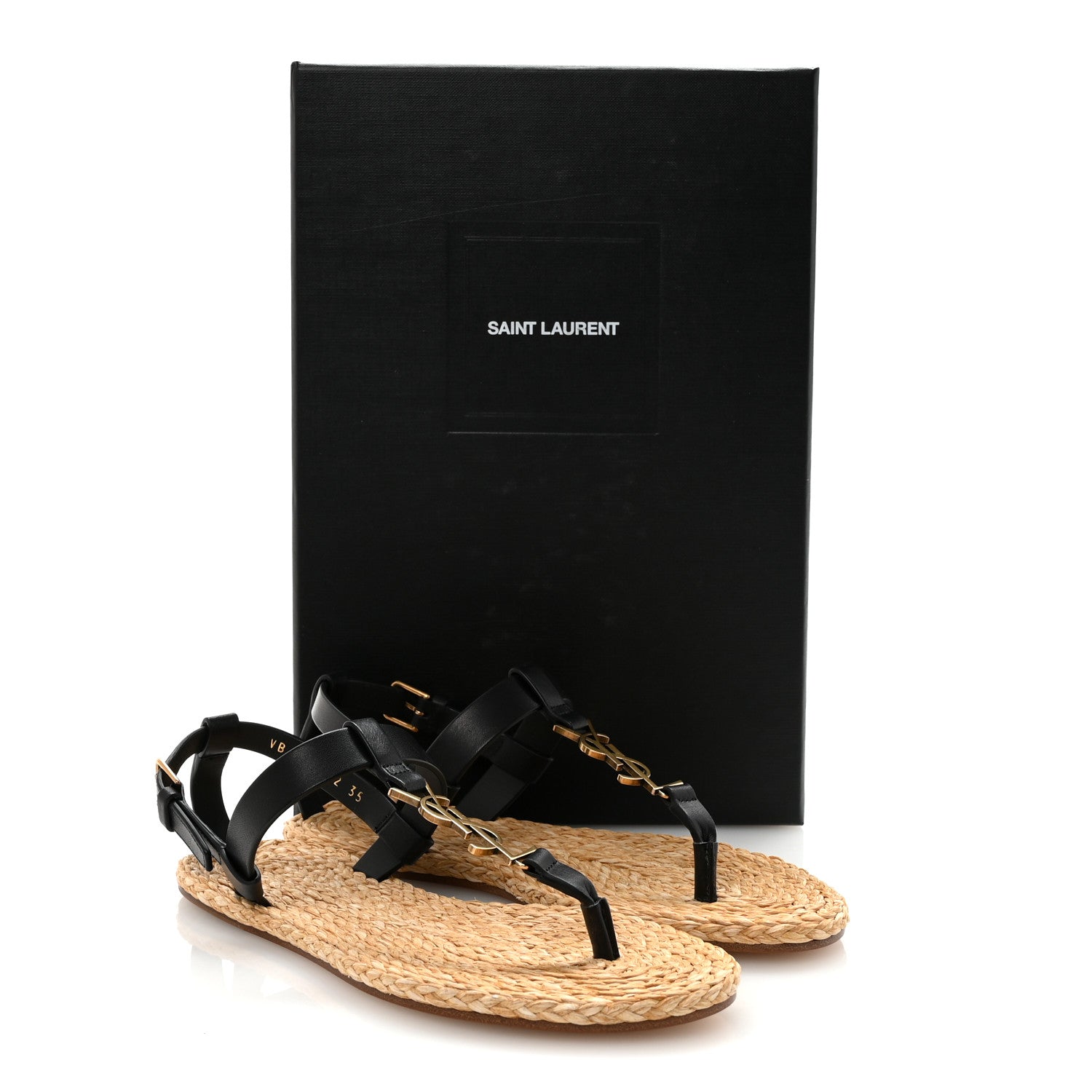 Saint Laurent Calfskin Raffia Cassandra Monogram Sandals 35 Black 9 of 9