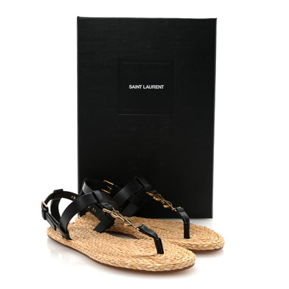Saint Laurent Calfskin Raffia Cassandra Monogram Sandals 35 Black 9 of 9
