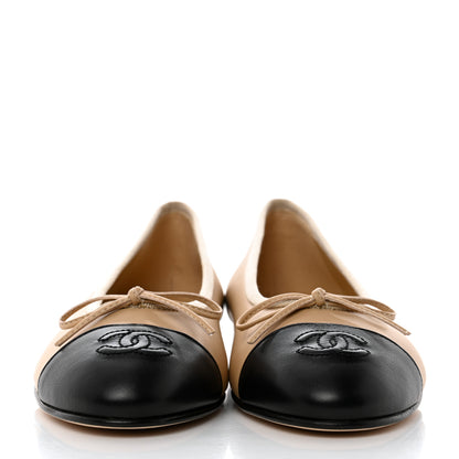 Chanel Lambskin Cap Toe CC Ballerina Flats 36.5 Beige Black 2 of 9