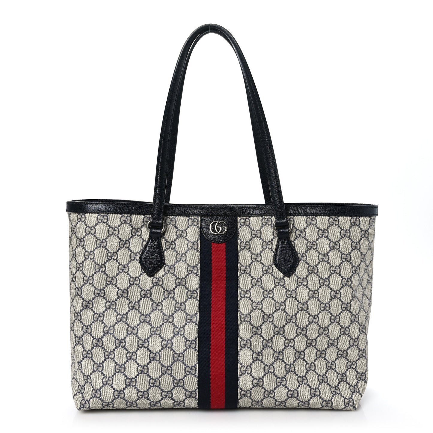 GG Supreme Monogram Textured Calfskin Web Medium Ophidia Shopping Tote Beige Blue