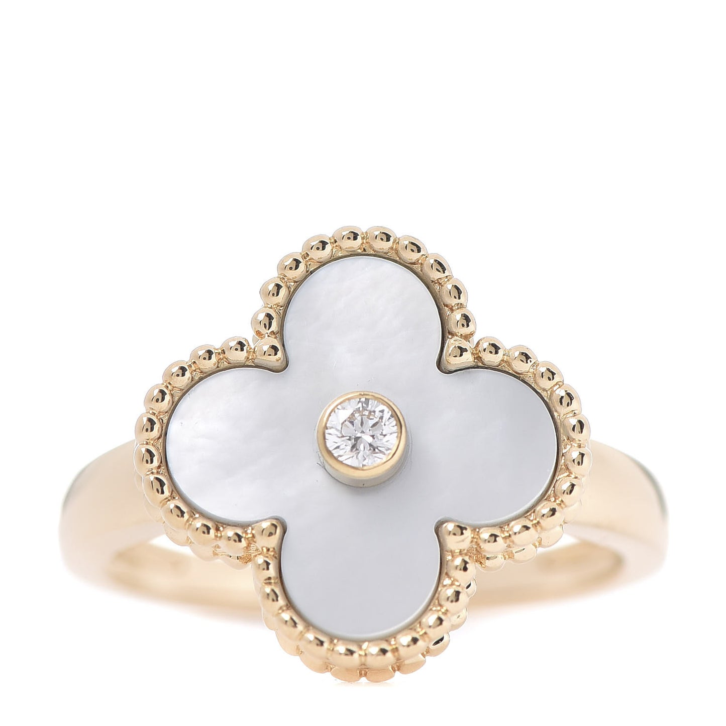 18K Yellow Gold Diamond Mother of Pearl Vintage Alhambra Ring 54 6.75
