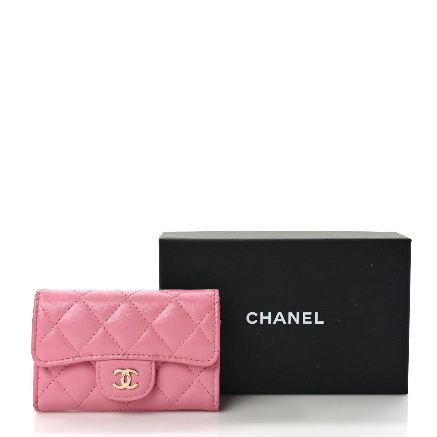 Lambskin Quilted Flap Card Holder Wallet Pink