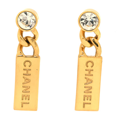 Chanel Crystal Tag Drop Earrings Gold 1 of 5