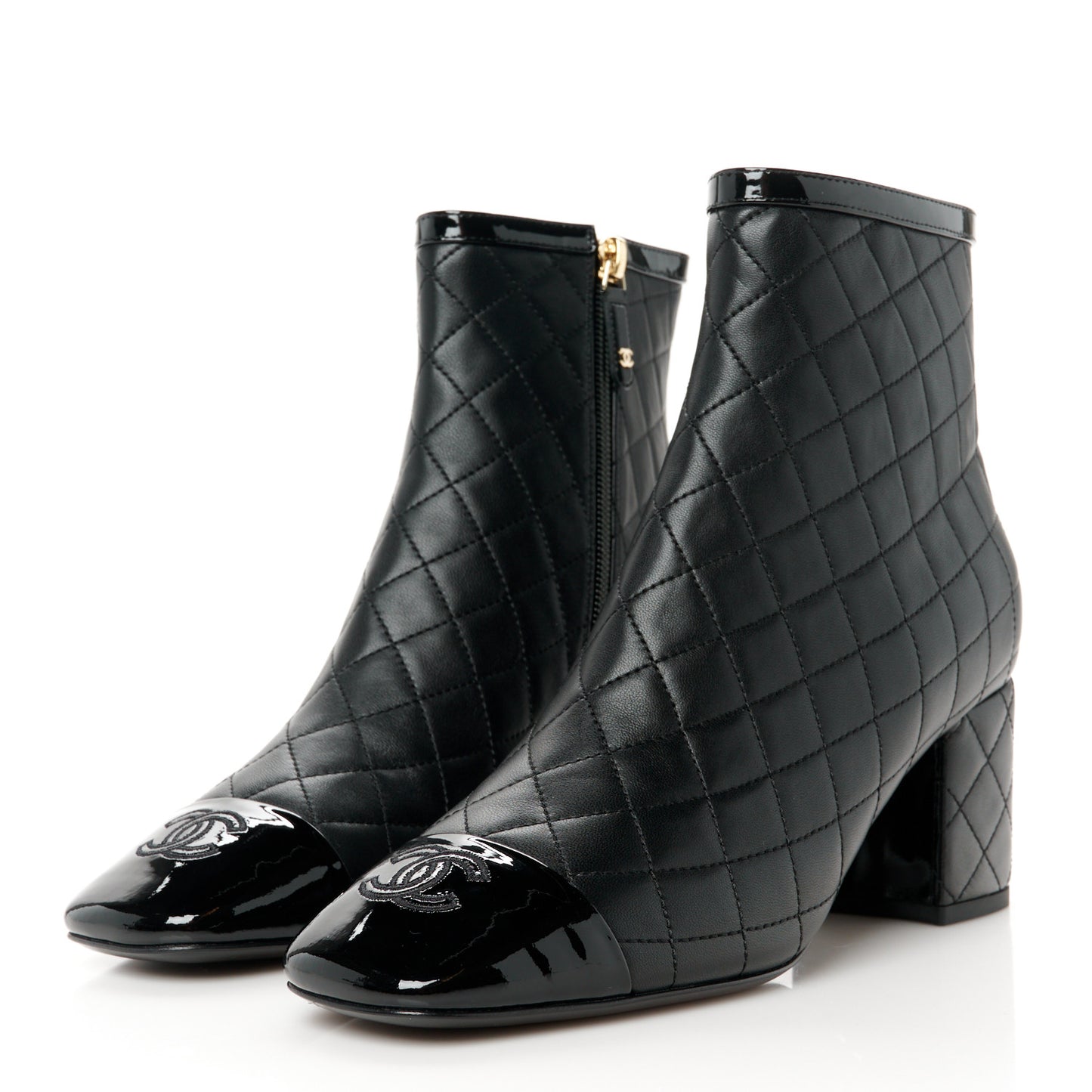 Lambskin Quilted Patent Cap Toe CC Booties 38 Black