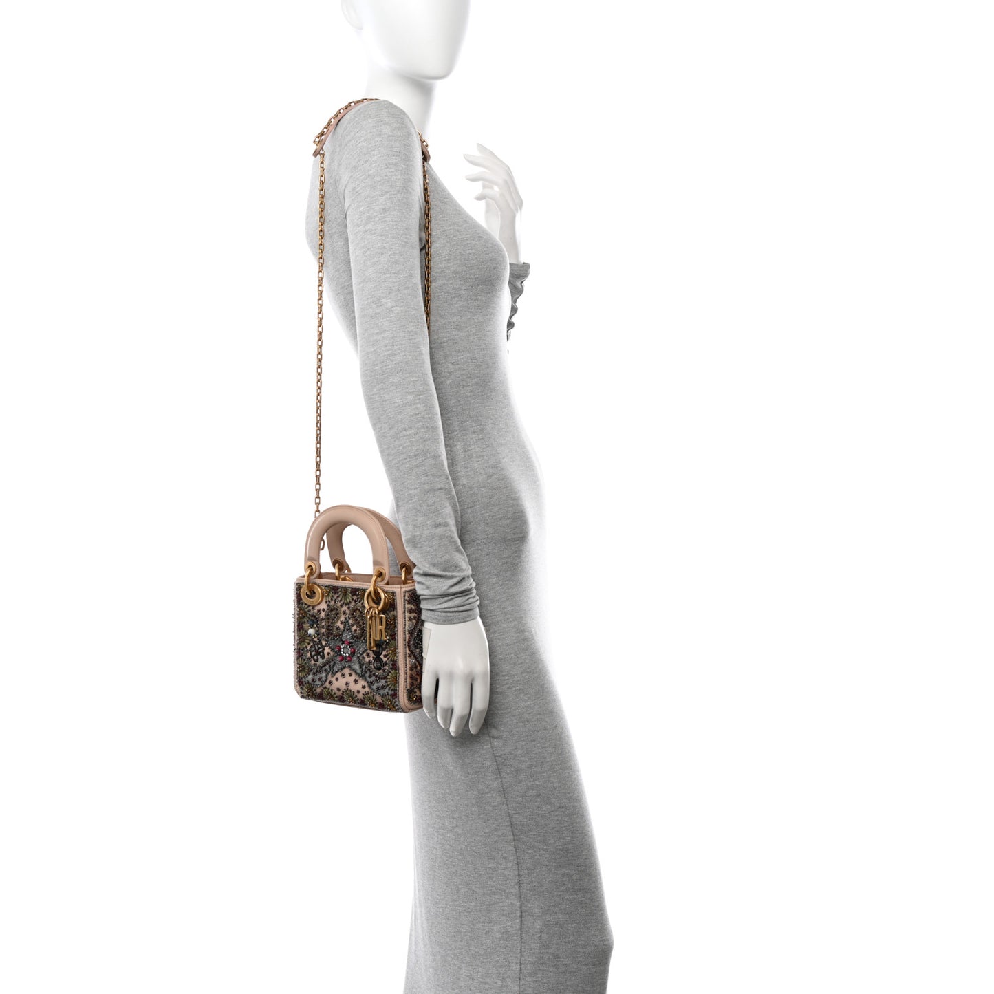 Calfskin Beaded Mini Lady Dior Beige Multicolor